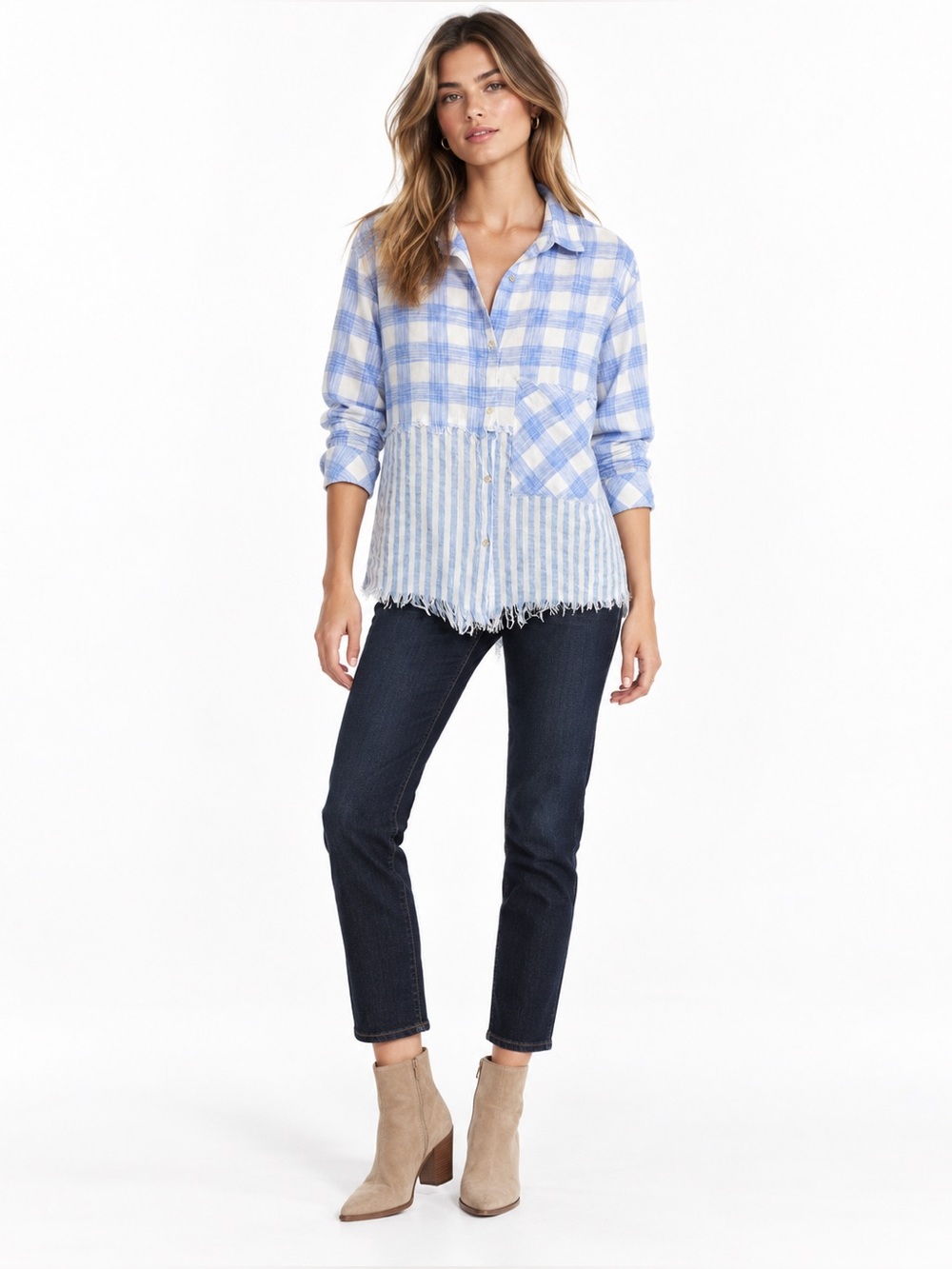Entro Blue White Mixed Print Frayed Hem Button-Up Shirt – Size Small EUC